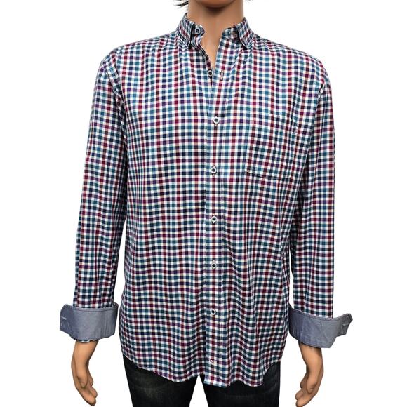 JOHNSTON & MURPHY Shirt Men XL Contrast Flip Cuff Gingham check Multicolor - Picture 1 of 13